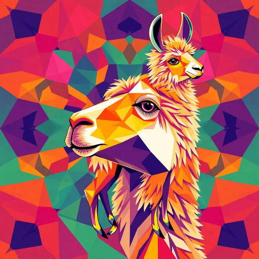 llama, geometric shapes, vibrant colors, surrealism, abstract patterns, modernism, intricate details, angular forms, kaleidoscopic design, vibrant contrast, visual simplicity, cubist influences, flowing lines, dynamic symmetry, bold outlines, playful mood, futuristic textures, digital rendering, mathematical precision, avant-garde presentation, eclectic composition