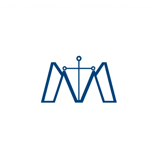 minimalist design, bold letter M, geometric precision, solid structure, small V-shaped connector lines, symbolic tree branches, hierarchical elements, indigo blue color scheme, flat vector art, sleek and contemporary, modern SaaS logo, stark white background, clean lines, corporate elegance, visual hierarchy, innovative branding, connectivity symbolism, abstract representation, adaptive simplicity, digital landscape