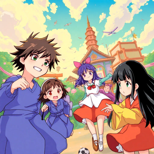 vibrant colors, dynamic action, intricate backgrounds, Studio Ghibli influence, narrative depth, whimsical characters, Japanese culture, expressive faces, fantasy adventure, emotional storytelling, traditional animation, manga aesthetics, lively environment, detailed costumes, cultural motifs, fluid motion, Harajuku fashion, melodic themes, light-hearted humor, ethereal landscapes
