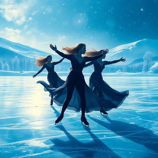 elegant figures, gliding on ice, winter wonderland, Olympic spirit, dynamic motion, graceful movements, intricate patterns, frost-covered landscape, vivid contrasts, art deco influence, Chiaroscuro lighting, dramatic highlights, shimmering ice reflections, cool blue tones, gusts of wind, surreal atmosphere, expressive gestures, encapsulating moment, global unity, ethereal glow, Berthe Morisot inspiration, frozen elegance, elevated rink, exhilarating atmosphere, harmonic balance, hyper-realistic textures, evocative emotion