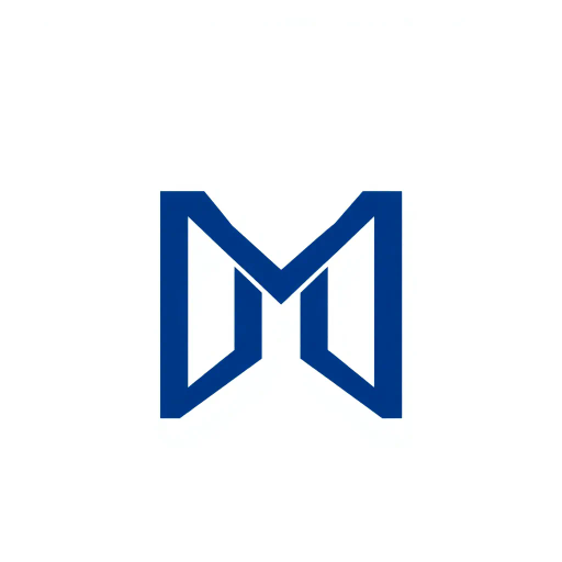 geometric M lettermark, bold vertical strokes, angled V-shaped bridges, hierarchy, solid indigo blue, minimalism, flat vector design, clean white background, modern typography, precision, simplicity, strong visual identity, abstract representation, corporate branding, bold lines, negative space, symmetrical composition, Bauhaus influence, contemporary design