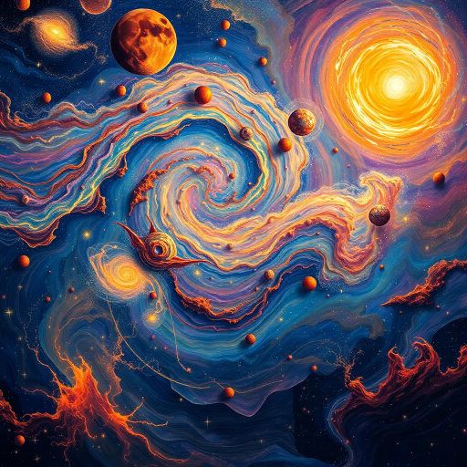 cosmic expanse, galaxies swirling, Vincent van Gogh, ethereal nebulae, vibrant stardust, otherworldly atmosphere, sci-fi fantasy, luminescent orbs, gravity-defying landscapes, interstellar clouds, surreal cosmic dance, mystical void, Stephen Hawking's theoretical universe, starry nightscape, radiant celestial bodies, vast universe, Andrea Pozzo's perspective, celestial light, swirling galaxies, dreamlike cosmos, pulsating energy, dark matter ballet, cosmic horizon
