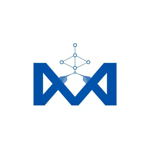 abstract letter M logo, parent node, child nodes, thin branching lines, tree hierarchy, indigo gradient, minimal vector design, white background, geometric abstraction, modernist influence, Bauhaus, clean lines, connection symbolism, hierarchical structure, conceptual design, negative space, visual balance, contemporary aesthetics