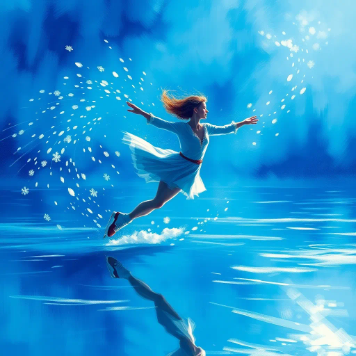 winter, skater, contest, olympics, dynamic movement, icy reflections, Impressionist influences, Claude Monet, vibrant blue tones, kinetic energy, ethereal light, atmospheric perspective, crisp textures, radiant glow, Olympic grandeur, motion blur, graceful elegance, dramatic shadows, fluid lines, competition spirit, international harmony, innovative techniques, intricate details, historical influence: Olympic Games, seasonal transformation, cold serenity, art of motion, frozen stage, epic scale, jubilant celebration, sportsmanship, vibrant palette