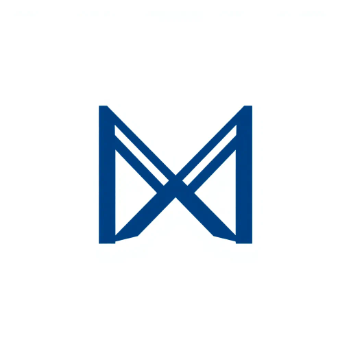 bold letter M, logo design, parallel strokes, subtle taper, upward hierarchy, structured design, solid indigo blue, clean geometric vector, minimalist aesthetic, white background, Bauhaus influence, modern typography, symmetrical composition, negative space, precision, crisp lines, artistic clarity, contemporary art, balanced proportions, graphic design