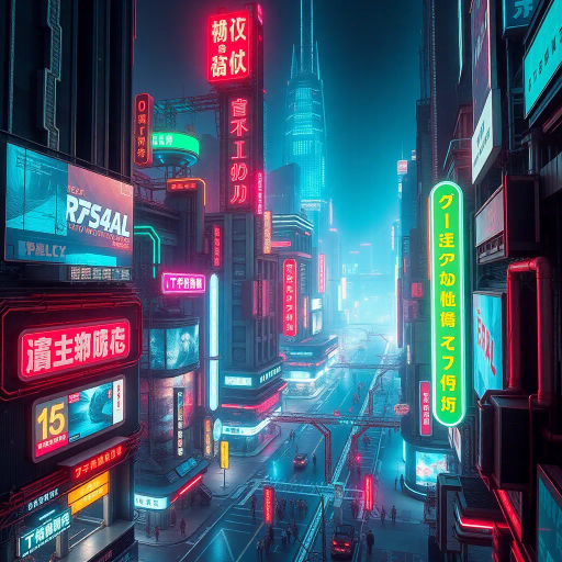futuristic metropolis, cybernetic elements, neon lights, vibrant colors, high contrast, dynamic composition, cyberpunk essence, sleek technology, intricate details, urban landscape, nighttime setting, sci-fi architecture, retro-futuristic, glowing holograms, atmospheric mood, Blade Runner aesthetic, dystopian vibes, digital realm, techno-noir, abstract forms, energy and motion, immersive experience, speculative future, William Gibson influence, cybernetic augmentation