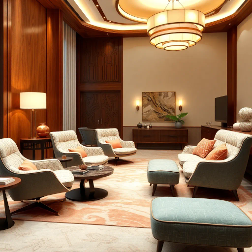 luxurious furniture design, Eames influence, mid-century modern, soft lighting, vibrant upholstery, hardwood textures, intricate carvings, Bauhaus elements, opulent mood, elegant curves, harmonious balance, warm colors, art deco patterns, Scandinavian simplicity, contemporary flair, refined craftsmanship, artisanal feel, immersive perspective, ergonomic shapes, tactile experience