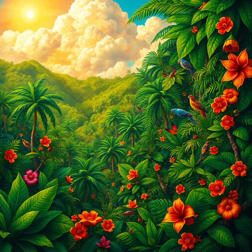 vibrant rainforest, lush greenery, Rio Carnival, Brazilian cultural tapestry, Henri Rousseau influence, magical realism, Carmen Miranda, rhythmic samba energy, surreal clouds, exotic wildlife, intricate patterns, tropical flora and fauna, vivid colors, dynamic movement, expressive brushstrokes, festive mood, tropical hues, radiant sunlight, complex compositions, Botero-inspired figures, whimsical elements, cultural diversity, celebratory spirit, enchanting scenery, Amazon River, warm sunlight, bold palettes, mystical atmosphere