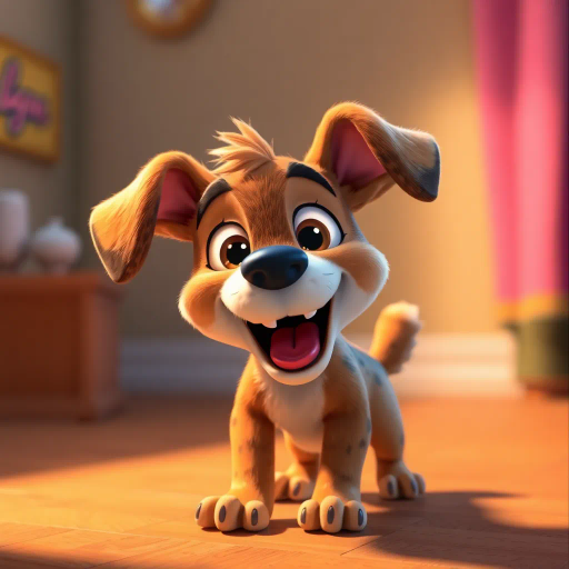 playful canine, Pixar-inspired animation, bright colors, whimsical design, exaggerated features, dynamic poses, cinematic composition, joyful mood, glossy textures, expressive eyes, cartoonish style, vibrant character, imaginative world, animation techniques, creative storytelling