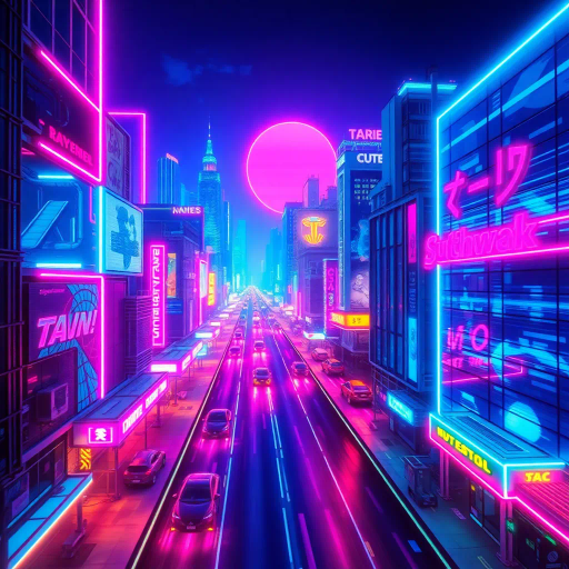 retrowave, neon lights, vibrant colors, 1980s aesthetic, synthwave, cyberpunk cityscape, bold contrasts, futuristic vision, Tron-like environment, pulsating energy, grid patterns, electric blues, hot pinks, vaporwave elements, glowing edges, nostalgia, outrun style, cinematic framing, urban landscape, dynamic movement, chrome textures, digital surrealism, retro-futurism, immersive atmosphere, high contrast lighting