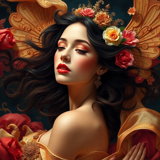 renaissance elegance, vibrant color palette, intricate detail, chiaroscuro lighting, dynamic composition, ethereal beauty, surreal emotion, timeless grace, Alphonse Mucha inspiration, fluid movement, cultural richness, enigmatic expression, classical influences, whimsical textures, mythic essence, golden hues, dreamlike atmosphere, ornate patterns, contemplative gaze, delicate balance, harmonious elements