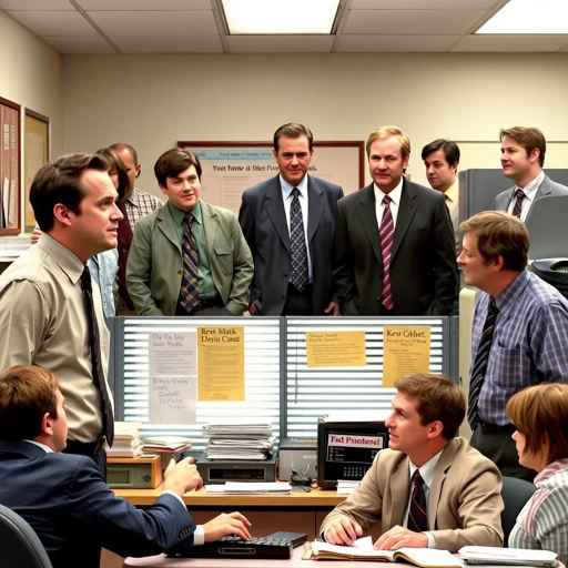 satirical, workplace comedy, 2000s television, vibrant characters, humorous interactions, Michael Scott, Jim Halpert, Dwight Schrute, sardonic wit, office dynamics, banter, mundane setting, Scranton, paper company, unconventional storytelling, ensemble cast, mockumentary style, Steve Carell, quirky relationships, deadpan humor, varied personalities, narrative arcs, expressive body language, exaggerated emotions, bright lighting, cheerful ambiance, subtle social commentary, scenographic composition