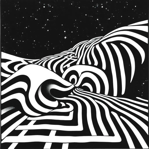 geometric shapes, intricate patterns, flowing lines, minimalist design, abstract expression, monochrome palette, dynamic movement, M.C. Escher influence, precise detailing, linear perspective, conceptual exploration, visual harmony, contour emphasis, spatial depth, contemporary influence, surreal geometry, optical illusions, mathematical precision, avant-garde composition, Escherian landscapes, abstract forms, minimalist exploration, pen and ink medium, black and white contrast, intersecting lines, detailed tessellation, spatial interaction, fluid dynamics, rhythmic patterns, visual paradox, artistic innovation, interlocking forms, infinite loops, artistic paradox, surreal complexity, Escheresque illusions, visual enigma, artistic contemplation, intricate symbology, rhythmic fluidity, complex symmetry, conceptual artistry, modern abstraction, black and white contrast, creative geometry