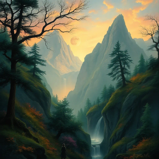 enchanted forest, mystical mountains, Arthur Rackham, J.R.R. Tolkien inspiration, vibrant hues, ethereal glow, surreal elements, whimsical ambience, imaginative creatures, rich texture, luminous light, dreamlike setting, intricate patterns, magical realism, cascading waterfalls, ancient trees, airy atmosphere, vibrant flora, mythical beings, pastel skies, layered depth, painterly technique, atmospheric perspective, enchanted twilight, timeless wonder, mythical landscape, epic scale, misty atmosphere, medieval castles, enchanted creatures, surreal geometry, mystical aura, dream-like scenery, fairytale whimsy, enchanted realm, timeless beauty, storytelling elements, imaginative vistas, soft light, detailed foliage, fantasy realism, painterly textures, rich history, cultural mythology, adventure and wonder