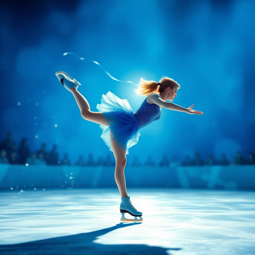 olympic figure skating, contestant, dynamic movement, elegant choreography, blue contest suit, luminous blue background, ethereal illumination, swirling light trails, motion blur, graceful pose, glistening ice rink, contemporary sports, energetic composition, radiant ambiance, impressionist nuance, captivating spectators, vibrant energy, inspired by Edgar Degas, fluid dynamics, atmospheric depth, frozen moment, expressive gesture, light and shadow interplay, aerial perspective, cultural celebration, athleticism and artistry, shimmering textures, modernity and tradition, kaleidoscopic reflections