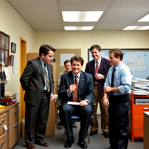 satirical, workplace comedy, 2000s television, vibrant characters, humorous interactions, Michael Scott, Jim Halpert, Dwight Schrute, sardonic wit, office dynamics, banter, mundane setting, Scranton, paper company, unconventional storytelling, ensemble cast, mockumentary style, Steve Carell, quirky relationships, deadpan humor, varied personalities, narrative arcs, expressive body language, exaggerated emotions, bright lighting, cheerful ambiance, subtle social commentary, scenographic composition