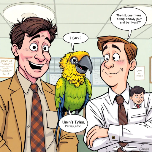 The Office, Steve Carell, Michael Scott, parrot, vibrant colors, humorous expression, dynamic composition, satirical tone, sketch-like outlines, exaggerated features, playful mood, vibrant palette, pop art style, tv sitcom influences, american office setting, lighthearted ambiance, witty dialogue, interplay of humor and absurdity, ensemble cast, mockumentary style, quirky, everyday life, subtle irony, character dynamics, Dunder Mifflin, Scranton, Pennsylvania, 2000s pop culture, comedic timing, deadpan expression, cultural phenomenon, paper company, witty banter, office antics, relatable humor, office supplies, Jim Halpert, Pam Beesly, Dwight Schrute, team dynamics, overhead fluorescent lighting, mundane yet charming, round camera angles, workplace relationships, exaggerated expressions, dynamic panels, humor-driven narratives, pop culture references, iconic moments, expressive line work, sequential art story, comedic timing, dynamic composition