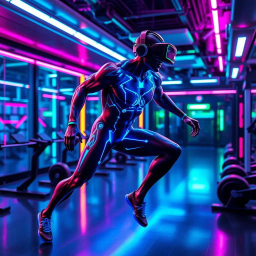 dynamic athleticism, futuristic gymnasium, neon colors, reflective surfaces, hyper-realistic anatomy, energy and motion, muscle definition, vibrant lighting, cyberpunk influence, Bauhaus geometry, ergonomic design, kinetic energy, modern fitness equipment, virtual reality integration, digital precision, immersive experience, cyber-futurism, glowing circuitry, streamlined aesthetics, high-tech textures, enhanced musculature, motion blur, virtual landscapes, interactive environments, digital luminescence, speculative future