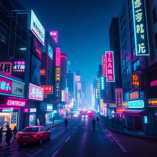 futuristic cityscape, vibrant neon lights, dusk setting, cyberpunk influence, glowing reflections, 1980s aesthetics, synthwave vibes, dynamic movement, geometric patterns, techno-futurism, retro technology, pulsating energy, fluorescence, magenta and cyan hues, urban landscapes, atmospheric perspective, luminescent signboards, bustling streets, high contrast, nostalgic yet forward-thinking