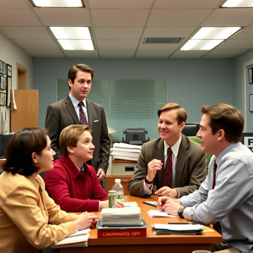 satirical, workplace comedy, 2000s television, vibrant characters, humorous interactions, Michael Scott, Jim Halpert, Dwight Schrute, sardonic wit, office dynamics, banter, mundane setting, Scranton, paper company, unconventional storytelling, ensemble cast, mockumentary style, Steve Carell, quirky relationships, deadpan humor, varied personalities, narrative arcs, expressive body language, exaggerated emotions, bright lighting, cheerful ambiance, subtle social commentary, scenographic composition