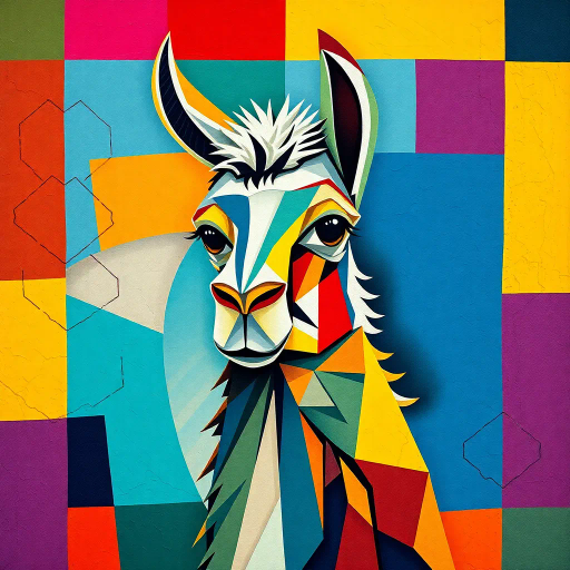 llama, geometric shapes, abstract forms, vibrant colors, Pablo Picasso, cubism, bold lines, surrealism, symmetry, kaleidoscope effect, dynamic composition, South American influence, playful mood, fragmented perspective, angular design, textured surfaces, energetic movement, modern art, intricate patterns, artistic exploration