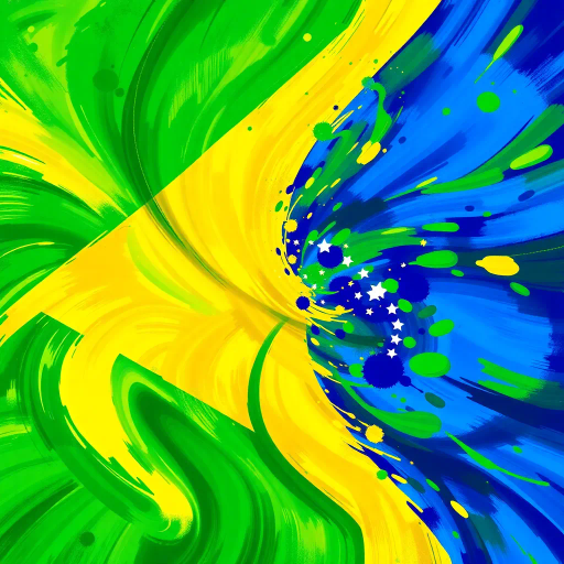 vibrant Brazilian flag, swirling colors, dynamic movement, tropical influences, modern digital techniques, vivid greens, deep yellows, royal blues, abstract expressionism, colorful splashes, textured layering, cultural richness, iconic symbolism, national pride, rhythmic patterns, energetic composition, oval forms, contemporary interpretation, lively atmosphere, digital brushstrokes, experimental canvas, immersive scale, seamless blend, harmony and unity, historical resonance, artistic celebration