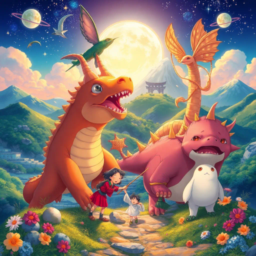magical realism, vibrant colors, Studio Ghibli influence, fantastical creatures, serene landscapes, dynamic action, whimsical characters, high detail, emotional depth, Miyazaki style, enchanting worlds, youthful adventure, celestial elements, soft gradients, expressive eyes, intricate line work, fairy-tale atmosphere, cultural symbolism, ethereal lighting, narrative richness, dreamlike quality