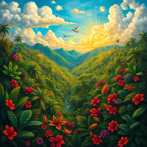 vivid rainforests, carnival atmosphere, vibrant colors, intricate details, lush foliage, rich cultural heritage, magical realism, Brazilian landscape, surreal clouds, tropical wildlife, Henri Rousseau influence, rhythmic movement, radiant sunlight, festive mood, intricate patterns, exotic birds, mythical elements, celebratory spirit, tropical flora, samba rhythm, enchanting scenery