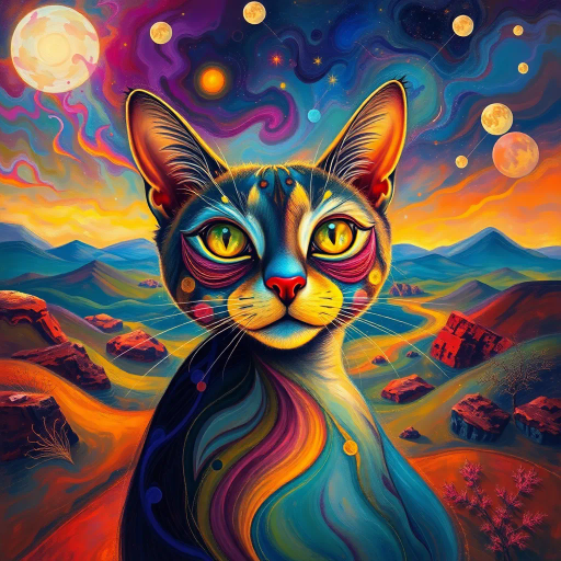 whimsical feline, surrealism, Salvador Dalí, ethereal glow, vibrant spectrum, mystical ambiance, fluid lines, abstract expressionism, dream-like landscape, observers perspective, enigmatic smile, fantasy realism, Claude Monet influence, divine elegance, intricate patterns, soft brushstrokes, artistic allure, ethereal sky, celestial elements, metaphysical journey, depth and shadow, layered textures, transcendental experience, visual poetry, harmonious balance, artistic whimsy