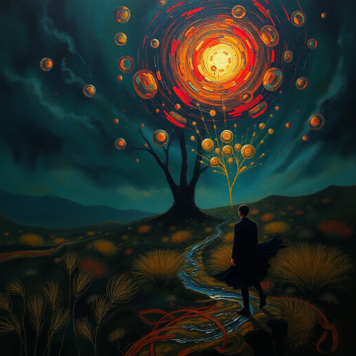 surreal landscape, Mike Worrall, dreamlike figures, ethereal glow, chiaroscuro, vibrant palette, enigmatic atmosphere, fluid motion, Renaissance influence, abstract forms, kaleidoscopic colors, impressionist brushwork, haunting beauty, dramatic contrasts, conceptual depth, mysterious narratives, twilight ambiance, surrealism, dynamic flow, intricate details