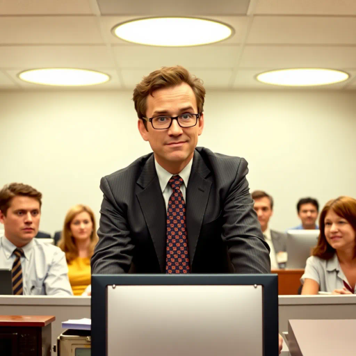 The Office, TV show, satirical humor, vibrant, Steve Carell, ensemble cast, mockumentary style, quirky, everyday life, work environment, subtle irony, character dynamics, Michael Scott, Dunder Mifflin, Scranton, Pennsylvania, documentary filming, 2000s television, comedic timing, deadpan expression, cultural phenomenon, paper company, witty banter, office antics, relatable humor, office supplies, Jim Halpert, Pam Beesly, Dwight Schrute, team dynamics, overhead fluorescent lighting, mundane yet charming, round camera angles, workplace relationships