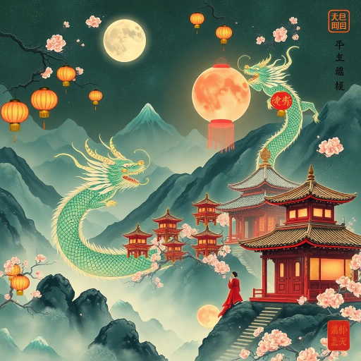 ethereal, ancient Chinese mythology, vibrant dragon scales, misty mountains, traditional ink wash, luminous lanterns, serene pagodas, delicate cherry blossoms, peaceful harmony, guardian spirits, flowing robes, folklore magic, jade hues, celestial beings, mesmerizing aura, celestial harmony, intricate symbolism, legendary heroes, mythical landscapes, harmonious balance