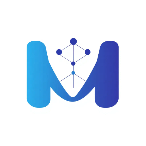 abstract letter M logo, parent node, child nodes, thin branching lines, tree hierarchy, indigo gradient, minimal vector design, white background, geometric abstraction, modernist influence, Bauhaus, clean lines, connection symbolism, hierarchical structure, conceptual design, negative space, visual balance, contemporary aesthetics