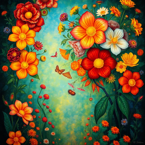 vibrant blossoms, surreal floral arrangement, Gustav Klimt, art nouveau, ethereal glow, intricate details, bold hues, imaginative patterns, delicate textures, whimsical garden, dreamlike atmosphere, flowing composition, magical realism, rich symbolism, enchanting flora, radiant colors, artistic fantasy, visionary art, lush environment, mystical essence