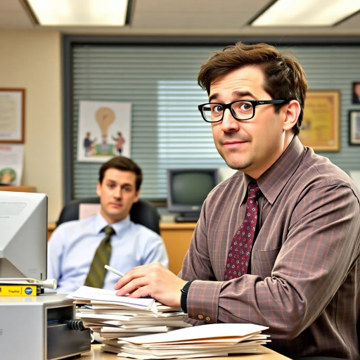 quirky humor, sitcom setting, Steve Carell, character-driven narrative, office dynamics, improvisational comedy, 2000s television, mockumentary style, exaggerated expressions, pastel colors, mundane yet lively, workplace comedy, ensemble cast, punchy dialogue, awkward pauses, character arcs, paper company, small town life, cultural phenomena