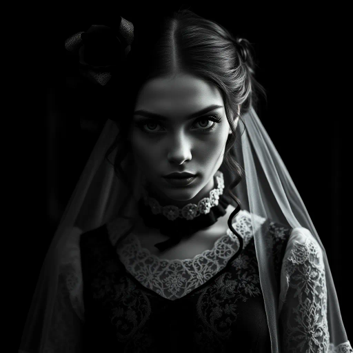 mysterious goth girl, Tim Burton, Gothic Revival, chiaroscuro lighting, dramatic shadows, monochrome palette, victorian fashion, textured lace, Bauhaus influence, ethereal presence, somber mood, melancholic expression, intricate details, surreal undertones, dark fantasy, Victorian Gothic architecture, brooding atmosphere, ornate accessories, introspective gaze, Edgar Allan Poe, chiaroscuro, high contrast, enigmatic aura, romanticism, baroque influences, nuanced textures, haunting beauty, intricate embroidery