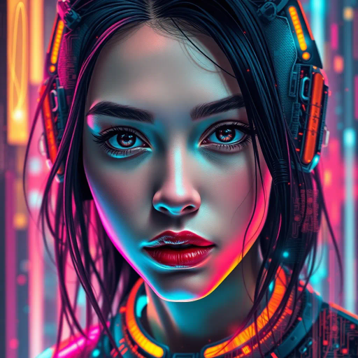 futuristic portrait, vibrant colors, cyberpunk aesthetic, neon glow, dynamic composition, intricate details, digital brushstrokes, high contrast, ethereal light, human and technology fusion, intricate patterns, cinematic framing, contemporary influences, virtual realism, surreal atmosphere, enigmatic expression, artistic amalgamation, abstraction, visual narrative, emotionally evocative