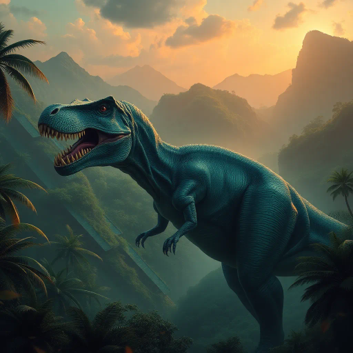 prehistoric creatures, majestic dinosaur, lush jungles, vivid emerald greens, dynamic poses, chiaroscuro lighting, mythical era, ethereal glow, intricate scales, surreal landscapes, movement and tension, timeless prehistoric panorama, Jules Verne influence, hyper-realistic textures, primordial ambiance, paleoart inspiration, vibrant life, dramatic skies, storytelling composition, atmospheric depth, earthy tones, grandeur and mysticism, visionary interpretation, fantasy-art, Salvador Dalí, imaginative expression, dreamlike scenes, fantastical elements, vibrant contrast, illusionistic landscapes, narrative depth, otherworldly presence, historical imagination, mystic aura