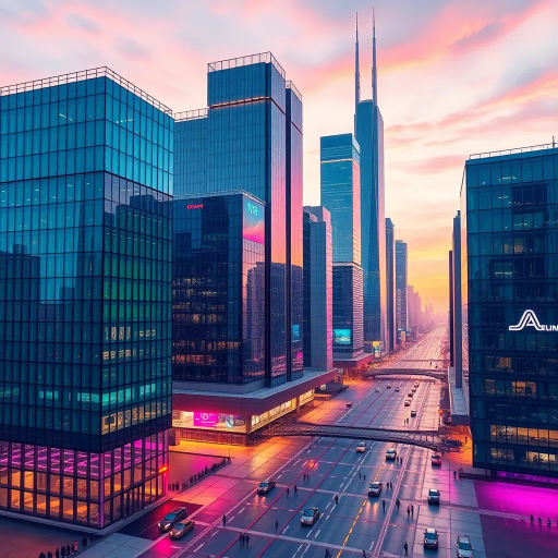 corporate, futuristic skyline, metallic glass structures, cyberpunk influence, vibrant neon lighting, Klaus Littmann, contrasting colors, dynamic composition, reflective textures, high-tech aesthetics, transition between day and night, urban landscape, geometric shapes, minimalist design, bustling activity, economic power, modern architecture, global connectivity, linear perspective, architectural order, sleek design, entrepreneurial spirit, innovation, digital transformation