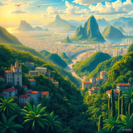 vibrant rainforest, sprawling cityscapes, Rio Carnival celebration, modernist architecture, Tarsila do Amaral, tropical paradise, lush landscapes, Samba rhythm, vivid color palettes, dynamic movement, cultural fusion, vibrant street art, warm sunlight, Copacabana beach, panoramic views, rich biodiversity, Botero-inspired figures, expressive brushstrokes, Amazon River, intricate textures, joyous atmosphere, cultural heritage, Henri Rousseau influence, energetic composition