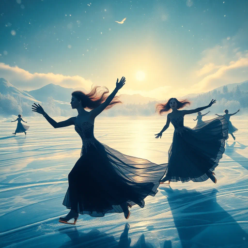 elegant figures, gliding on ice, winter wonderland, Olympic spirit, dynamic motion, graceful movements, intricate patterns, frost-covered landscape, vivid contrasts, art deco influence, Chiaroscuro lighting, dramatic highlights, shimmering ice reflections, cool blue tones, gusts of wind, surreal atmosphere, expressive gestures, encapsulating moment, global unity, ethereal glow, Berthe Morisot inspiration, frozen elegance, elevated rink, exhilarating atmosphere, harmonic balance, hyper-realistic textures, evocative emotion