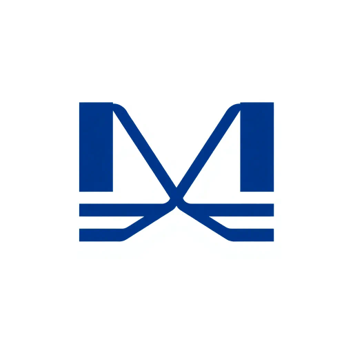 Geometric M lettermark, bold parallel vertical strokes, angled V-shaped bridges, hierarchy levels, indigo blue, minimalism, flat vector, white background, Bauhaus influence, modernist design, symmetry, clean lines, negative space, minimalist composition, abstract geometry, structural balance, graphic precision, contemporary aesthetics, visual hierarchy, simplicity and sophistication
