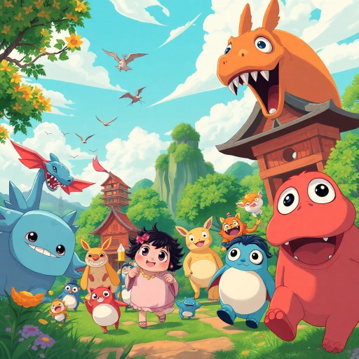 vibrant, Studio Ghibli, dynamic movement, bright colors, cel shading, whimsical, fantastical creatures, Japanese culture, expressive characters, large eyes, detailed scenery, storytelling, emotion-filled, Miyazaki-esque, surreal worlds, imaginative, youthful energy, modern twists, visual storytelling, romanticism, enchanting landscapes, cultural motifs, bold outlines