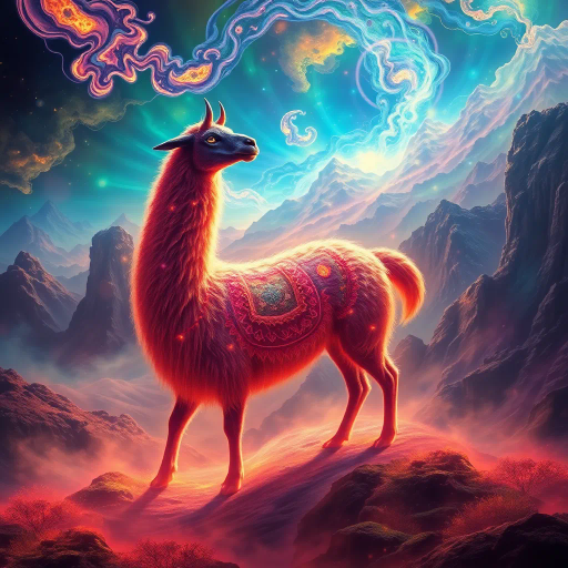 mystical llama, ethereal landscape, vibrant colors, surreal lighting, intricate patterns, dreamlike atmosphere, fantasy setting, imaginative realm, grandiose scale, flowing textures, dynamic movement, mythical creature, South American folklore, enchanted aura, luminescent glow, magical realism, whimsical scenery, fantastical composition, enchanting silhouette, mysterious depths, visual storytelling, Andres Amador influences, vibrant hues, vivid imagination