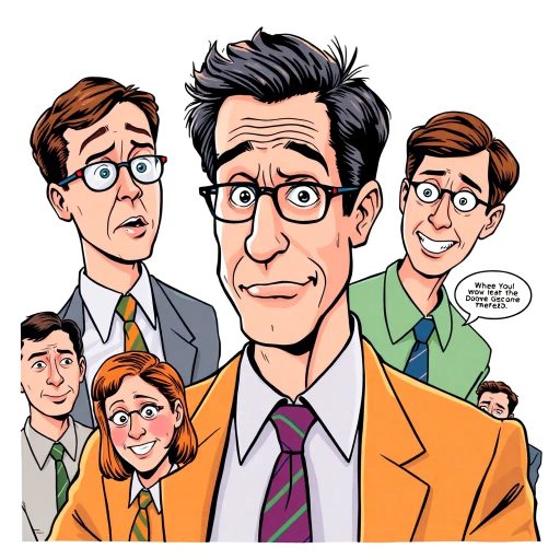 Michael Scott, vibrant colors, humorous expression, dynamic composition, satirical tone, exaggerated features, playful mood, pop art style, witty dialogue, tv sitcom influences, The Office, ensemble cast, mockumentary style, quirky everyday life, cultural phenomenon, Steve Carell, Dunder Mifflin, office antics, relatable humor, expressive line work, sequential art story, iconic moments, americana, Jim Halpert, Pam Beesly, Dwight Schrute, comedic timing, sketch-like outlines, cartoonish exaggeration, character-centric atmosphere, vibrant personalities, interaction, narrative humor, character dynamics, satirical humor, vibrant palette, documentary filming, pop culture references, dynamic panels, expressive line work, workplace comedy essence
