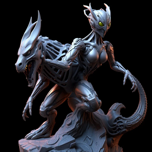 intricate, detailed, hyperrealistic, digital sculpture, ZBrush, Blender, dynamic pose, futuristic design, cybernetic elements, high poly, realistic textures, dramatic lighting, chiaroscuro, cutting-edge technology, spatial depth, advanced rendering, immersive, evocative, vivid colors, metallic finish, tactile surfaces, influential art movements, digital craftsmanship, contemporary aesthetics, virtual gallery, seamless integration, innovative techniques, expressive forms, geometrical abstraction, expansive composition