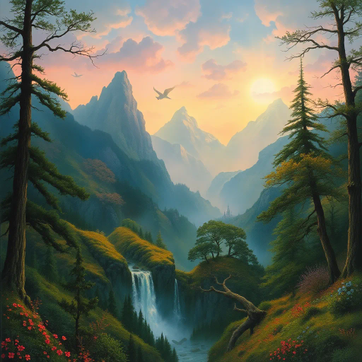 enchanted forest, mystical mountains, Arthur Rackham, J.R.R. Tolkien, vibrant hues, ethereal glow, surreal elements, whimsical ambience, imaginative creatures, rich texture, luminous light, dreamlike setting, intricate patterns, magical realism, cascading waterfalls, ancient trees, airy atmosphere, vibrant flora, mythical beings, pastel skies, layered depth, painterly technique, atmospheric perspective, enchanted twilight, timeless wonder, epic scale, medieval castles, enchanted creatures, storytelling elements, cultural mythology, adventure and wonder, fairytale whimsy, captivating allure, otherworldly ambiance