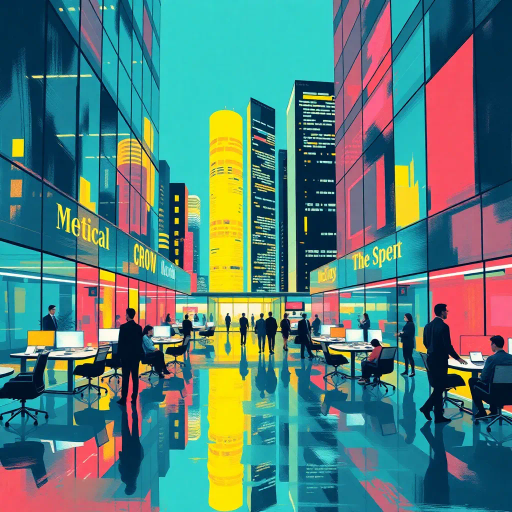 dynamic office environment, bustling activity, sleek minimalist design, geometric forms, vibrant color schemes, contemporary architecture, innovative technology, synergy, collaboration, fine detail, modern metropolis, corporate synergy, Andy Warhol inspired, pop art influences, glass and steel, sophisticated lighting, reflection, modernist approach, abstract urban landscape, creative innovation, confident atmosphere, global commerce, strategic planning, avant-garde techniques, economic hub, urban rhythm, expressive brushstrokes, digital textures, business world dynamics