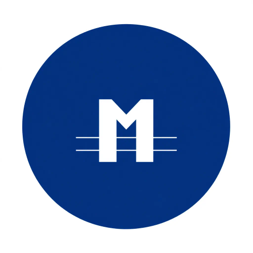 bold M logo mark, solid geometric letter, subtle thin horizontal connector lines, structured layers, indigo color palette, white background, modern, minimalism, SaaS branding, flat vector design, abstract shape, Bauhaus influence, contemporary aesthetics, clean lines, simplicity, corporate identity, negative space, elegant typography, high contrast, symbolic representation, streamlined composition, digital branding