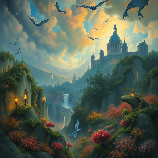 mythical realms, ethereal landscapes, vibrant hues, enchanted forests, Arthur Rackham, John Howe, baroque elegance, dramatic lighting, surreal vistas, luminescent colors, intricate details, whimsical creatures, mystical atmosphere, grandiose scale, imaginative narrative, fluid movement, medieval influences, celestial motifs, enchanted ambiance, mythical beasts, magical realism, timeless essence, dreamlike composition